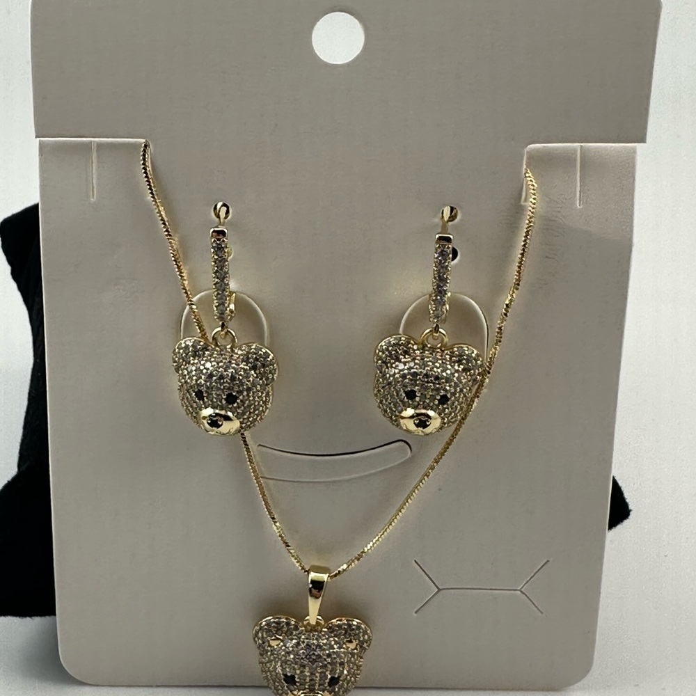 14k Gold laminateBear Pendant Necklace and Earrings Set
